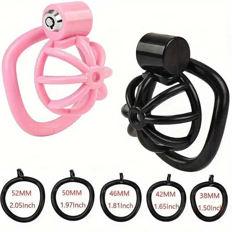 Male Penis Chastity Cage Pink Black Small Chastity Cage With 5 Rooster Rings