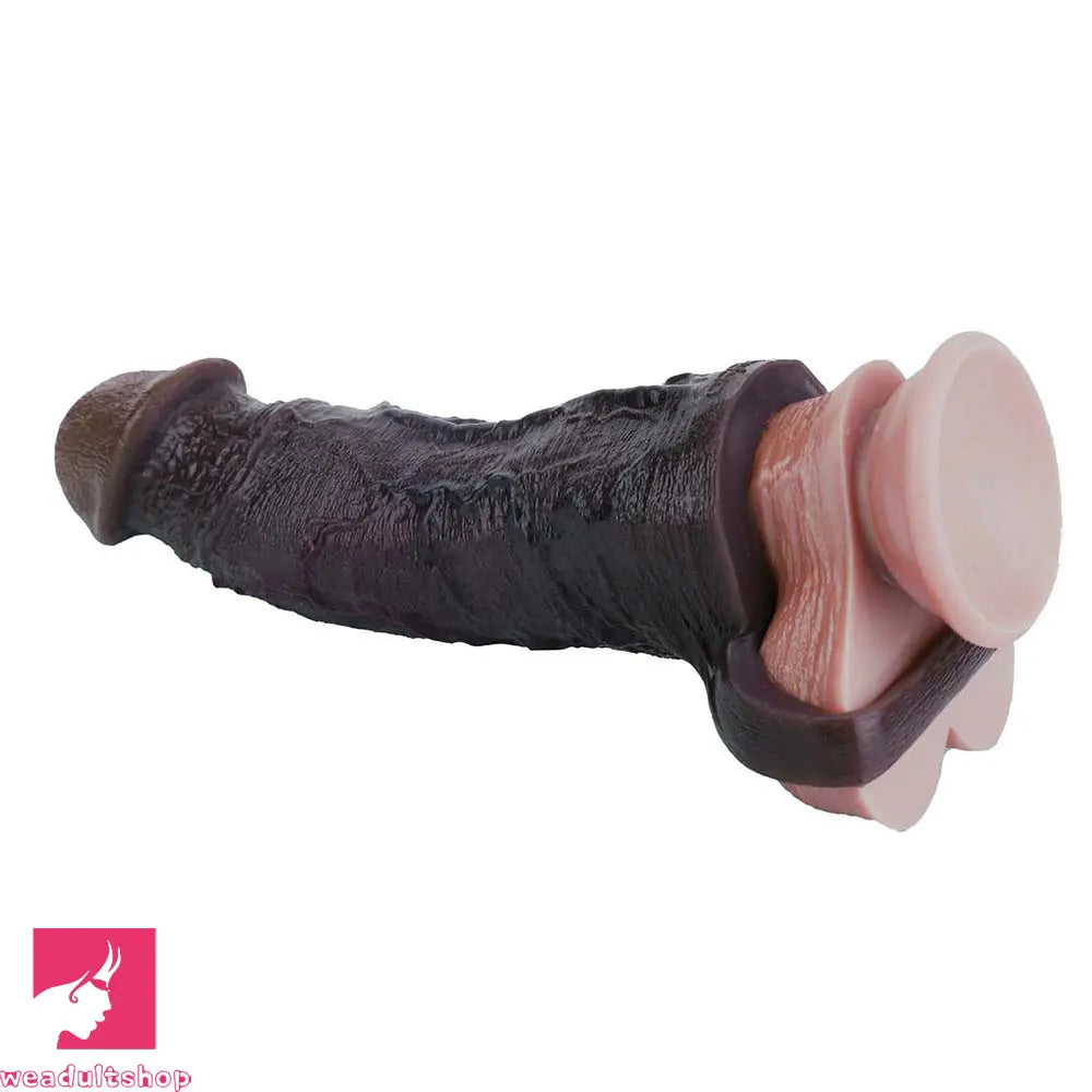 9.09in Vibrating Dildo Sleeve Reinforced Realistic Textured Silicone Penis Sleeve