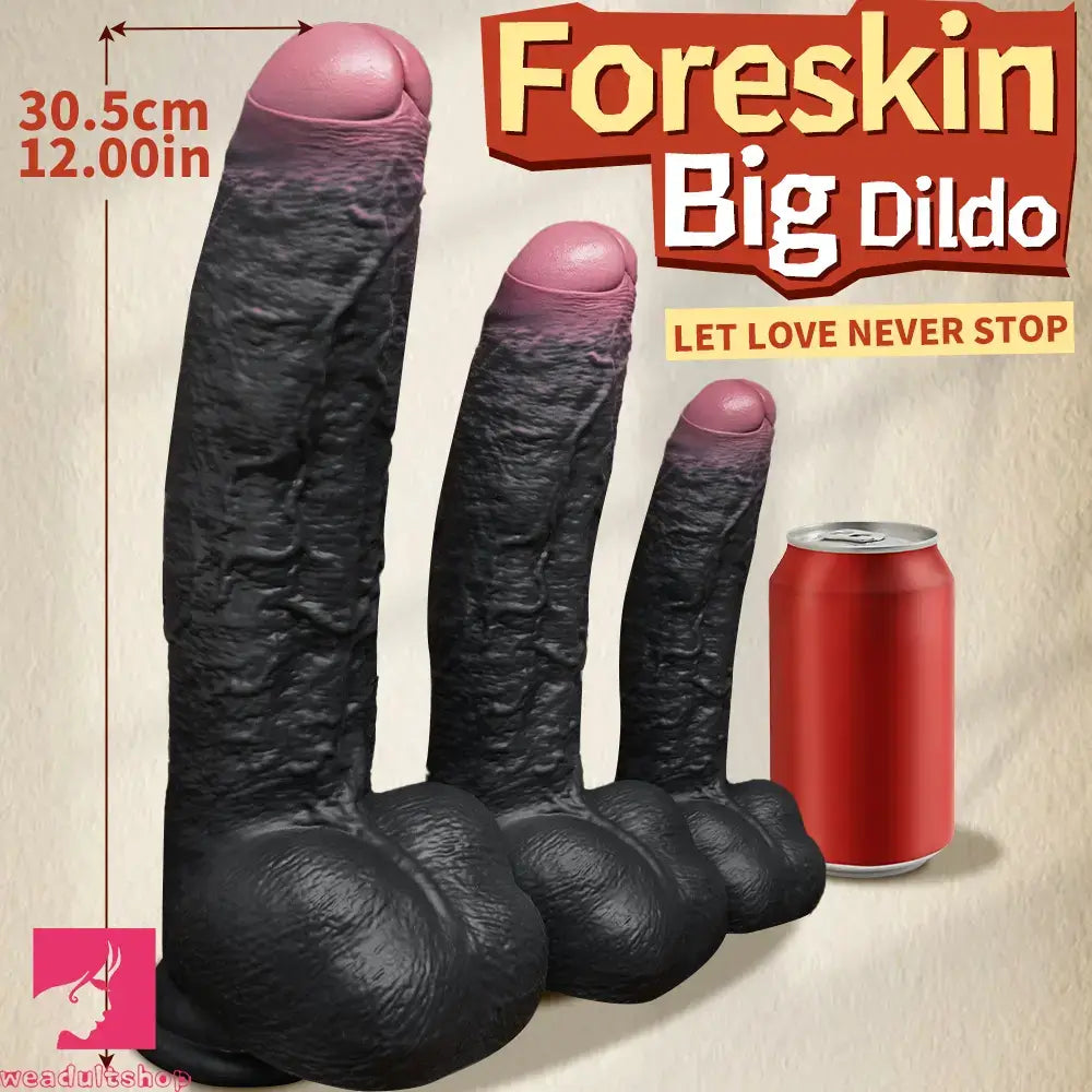 8.07in 9.84in 12in Foreskin Big Dildo Strap on Realistic Uncut Glans Soft Toy