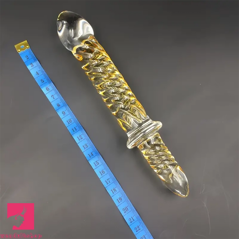 8.7in Golden Pattern Glass Dildo With Handle Sex Toy For Adults