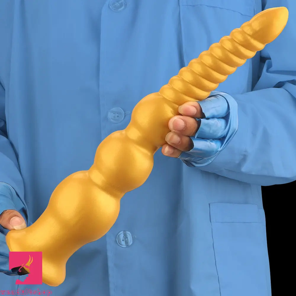 9.44in 13.38in Gold Silicone Pointed Thread Long Large Soft Cock Dildo