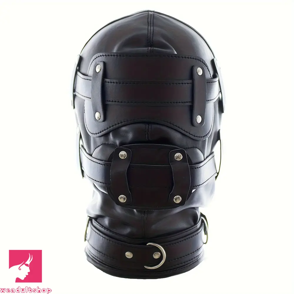 1.96in Black Leather BDSM Hood Removable Blindfold Mouth Gag Dildo