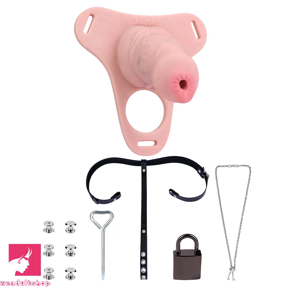 3.54in Silicone Soft Real Penis Cage Strap on Chastity Dildo With Lock
