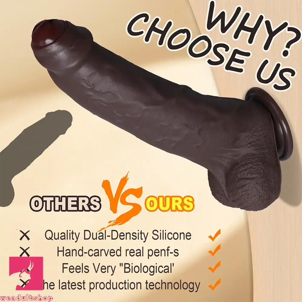 10.13in Uncut Realistic Skin Double Density Silicone Big Dildo Hands-Free Love