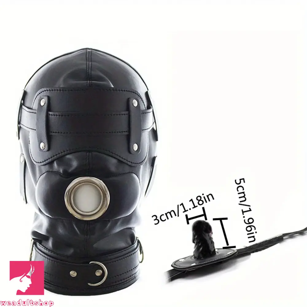 1.96in Black Leather BDSM Hood Removable Blindfold Mouth Gag Dildo