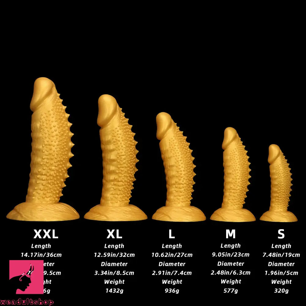 .48in 9.05in 10.62in 12.59in 14.17in Golden Soft Wolf-tooth Spiked Dildo