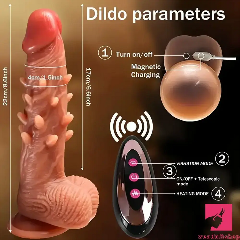 8.66in Big Spiked Vibrating Thrusting Rotation Silicone Soft Heated Dildo
