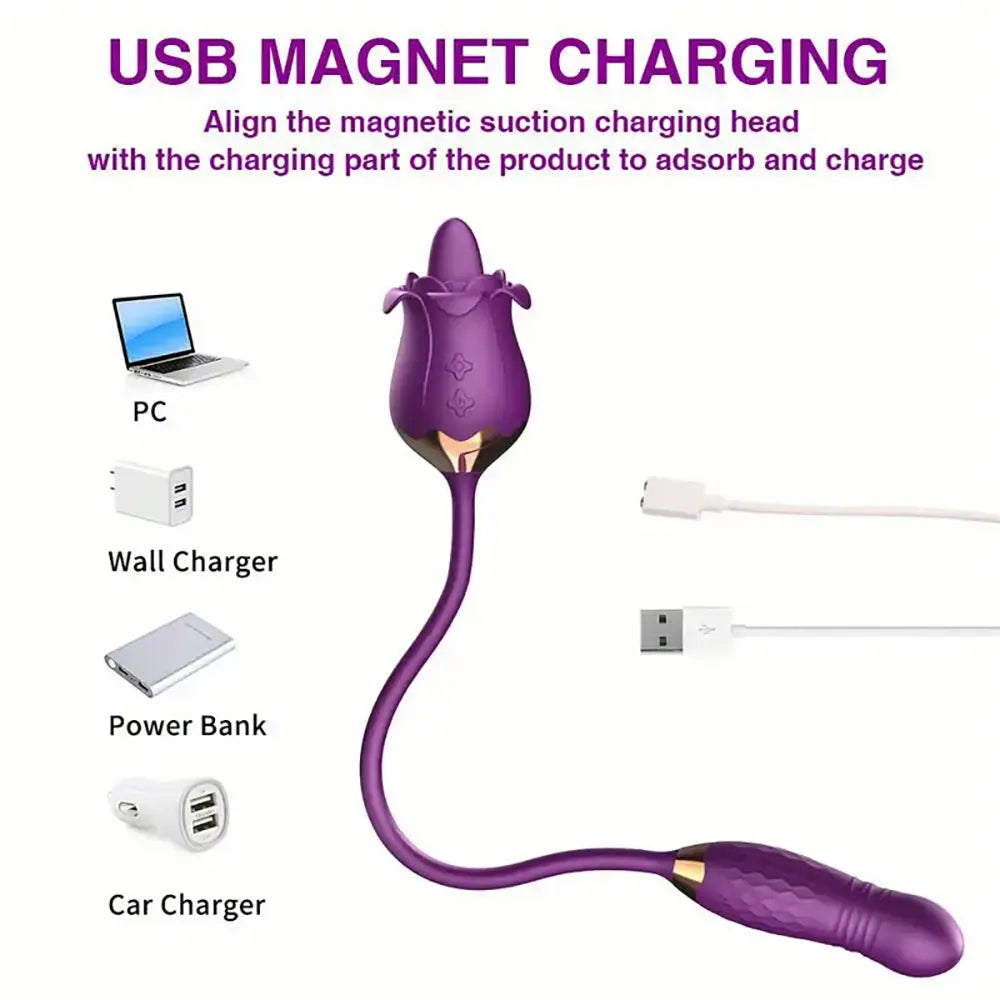 Rose Vibrating Thrusting Clitoral Stimulator Vaginal Anal Licking Toy