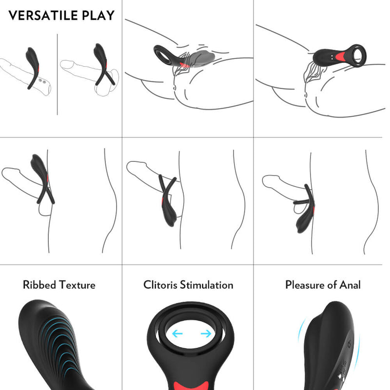 3in1 Double Loops Multiple Vibrating Cock Ring Handheld Massager - Adult Toys 