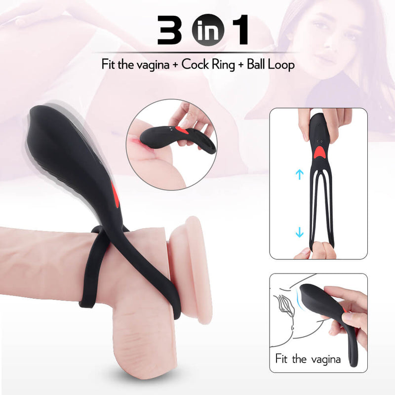3in1 Double Loops Multiple Vibrating Cock Ring Handheld Massager - Adult Toys 