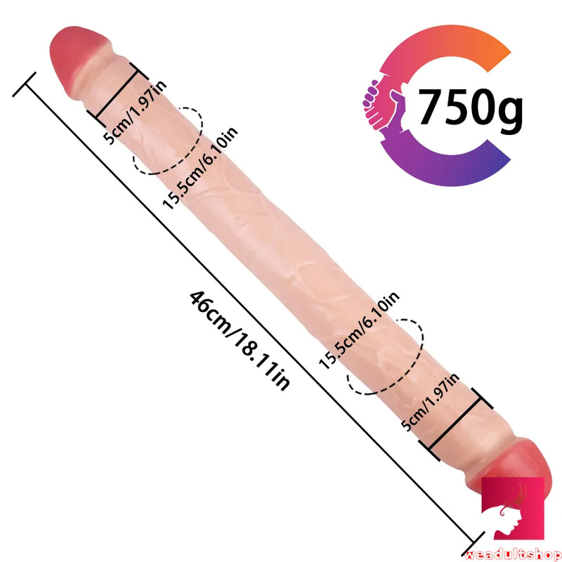 18.11in Long Skinny Dildo Smooth Double Soft Silicone Kiss Sex Toy